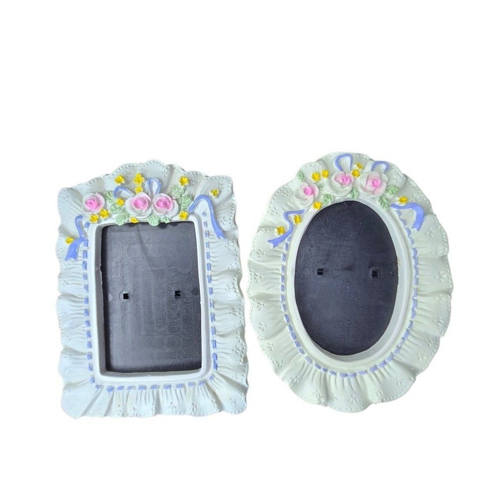 Vintage‎ Floral Picture Frame Set Cottage Shabby Chic Pink Roses Ribbon Pair - Picture 2 of 5
